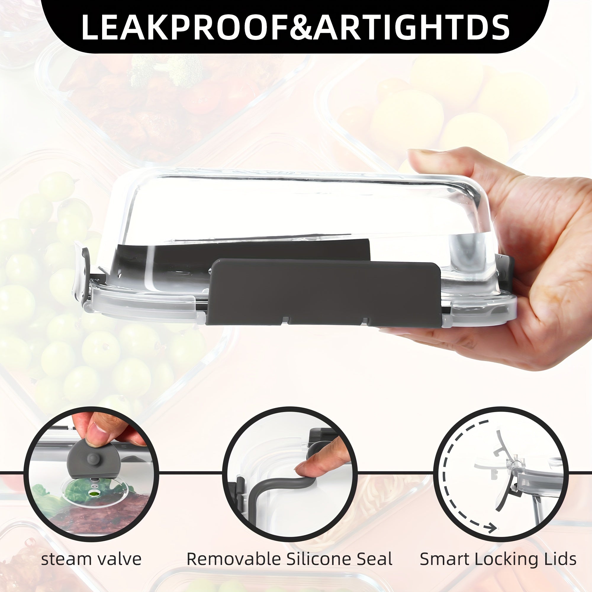 Glass Meal Prep Containers with Steam Vent, Food Storage Containers with Airtight Lids, for Home Kitchen Office Lunch Portion Control