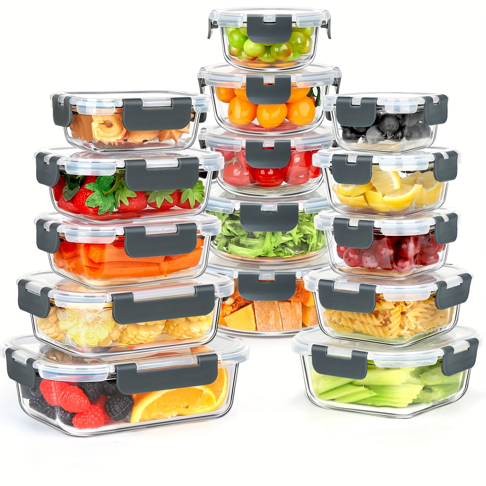 HIHEGD 30 Pieces Glass Food Storage Containers With Snap Locking Lids, Glass Meal Prep Containers Set - Airtight Lunch Containers, Microwave, Oven, Freezer And Dishwasher