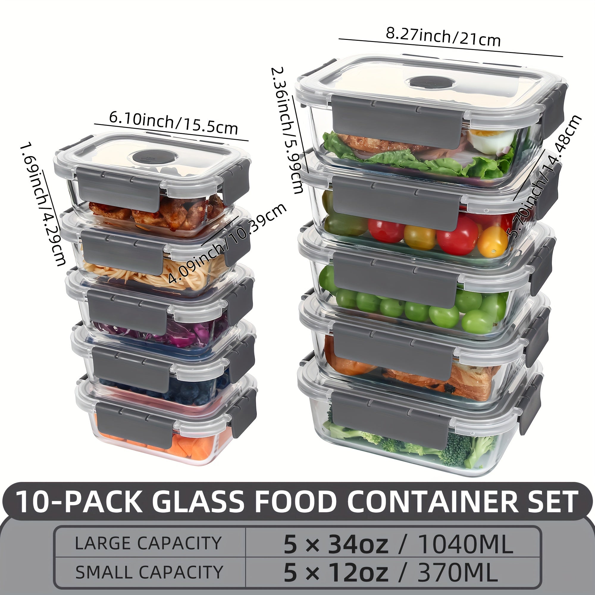 Glass Meal Prep Containers with Steam Vent, Food Storage Containers with Airtight Lids, for Home Kitchen Office Lunch Portion Control