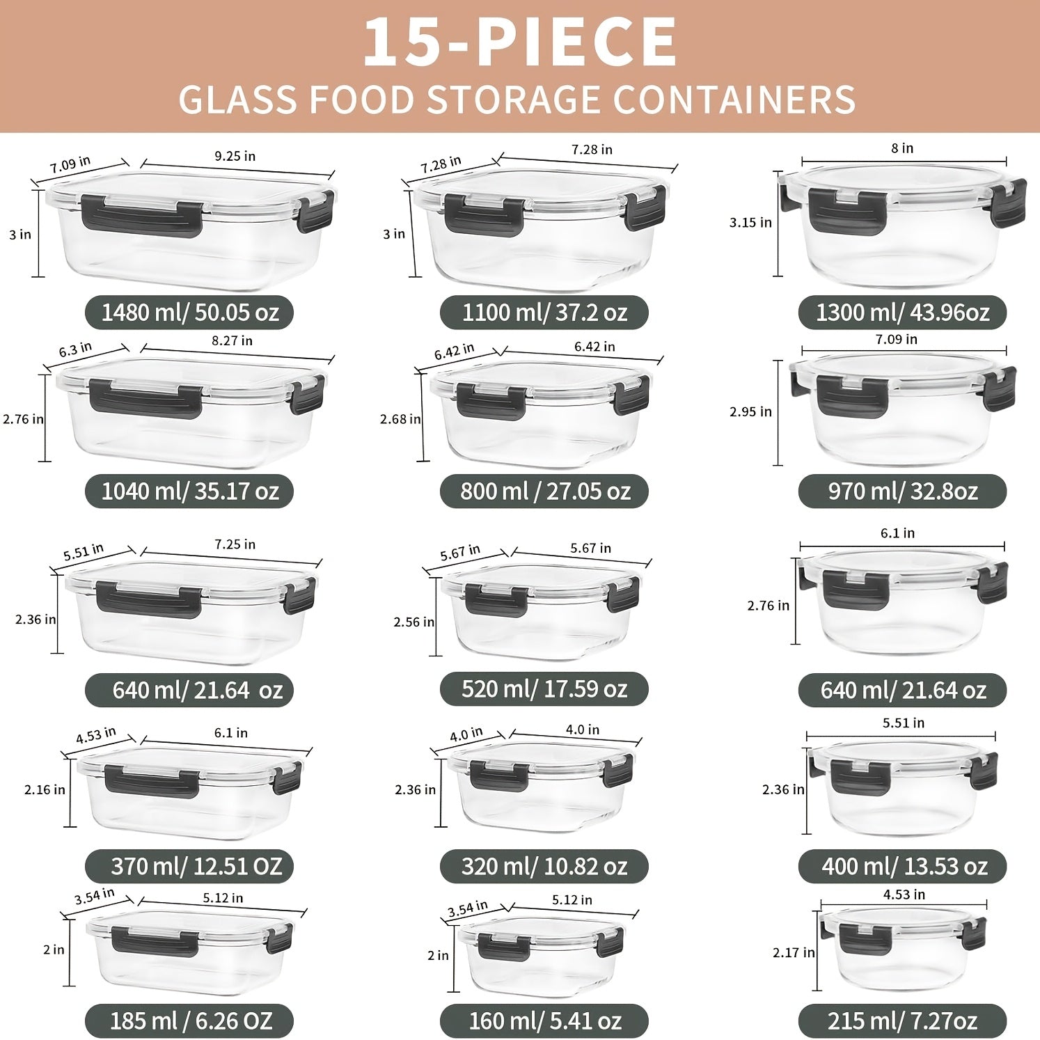 Glass Food Storage Containers - 15pcs, Meal Prep Containers in Glass, Lunch Bento Boxes with Leak-proof Lids for Microwave, Freezer & Dishwasher, BPA Free - Gray