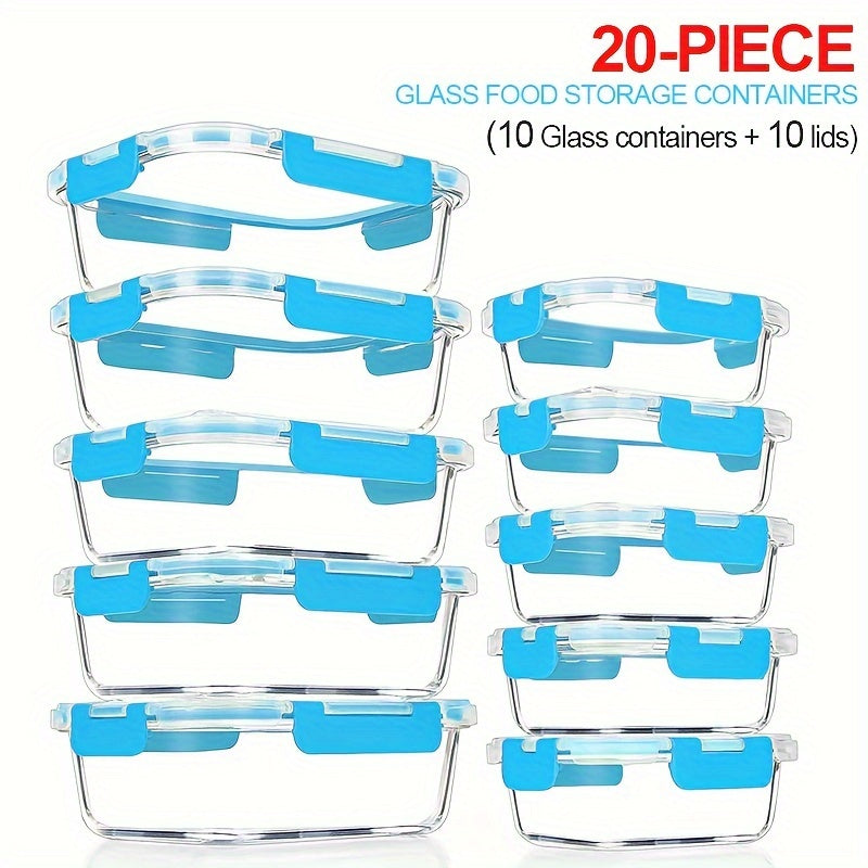 20pcs Large-Capacity Glass Food Storage Container Set with Blue Lids - Reusable, Microwave & Freezer Safe, Square Containers for Meal Prep, Refrigerator Organization, and More