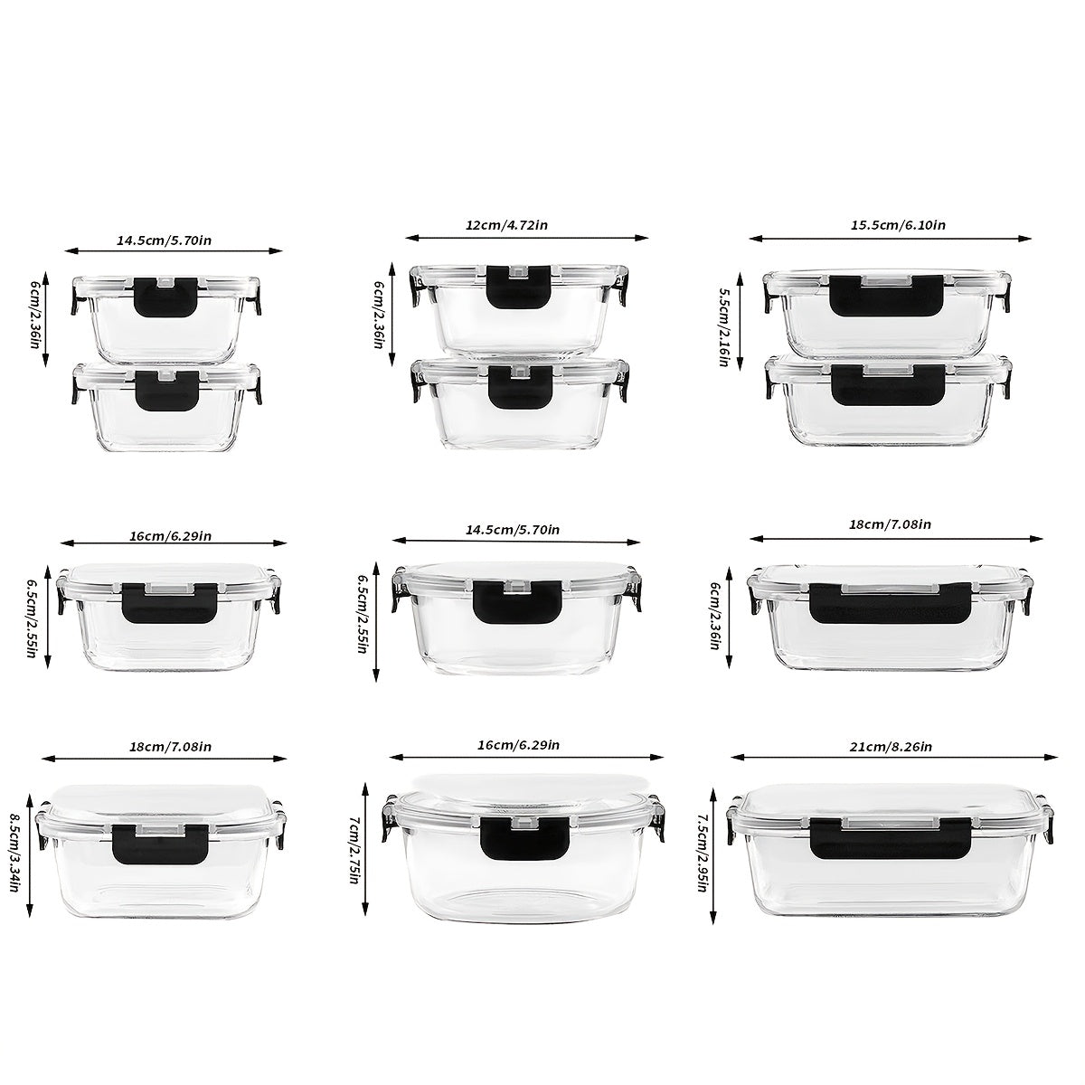 Glass Crisper Set with Lid, Glass Food Container, Thickened Lead-Free Glass, Suitable for Lunch, Meal Preparation, Refrigerator, Freezer, Bento Container, Sealed Snap Lid, Bisphenol A Free