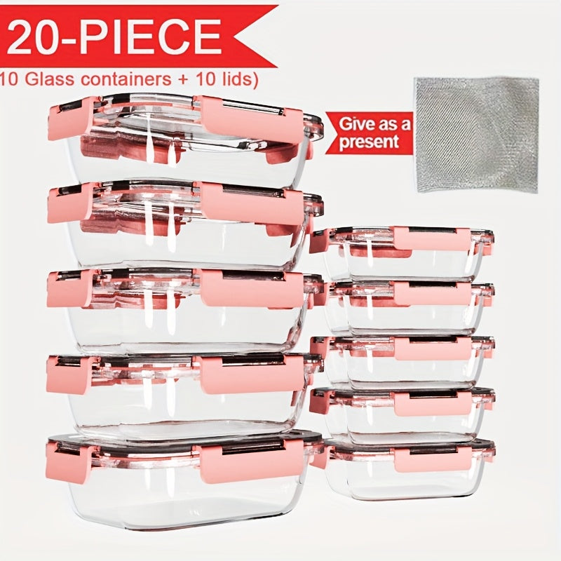 Stackable 20pcs Glass Food Container (10 Lids + 10 Containers) - Multi-purpose Meal Prep And Pantry. With Airtight Lids, Oven, Microwave, Refrigerator And Dishwasher Safe. Durable, Space-saving Design Improves Heating Efficiency And Organization.