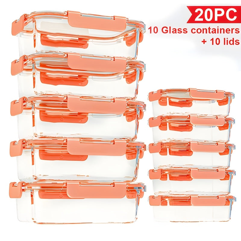 Stackable 20pcs Glass Food Container (10 Lids + 10 Containers) - Multi-purpose Meal Prep And Pantry. With Airtight Lids, Oven, Microwave, Refrigerator And Dishwasher Safe. Durable, Space-saving Design Improves Heating Efficiency And Organization.