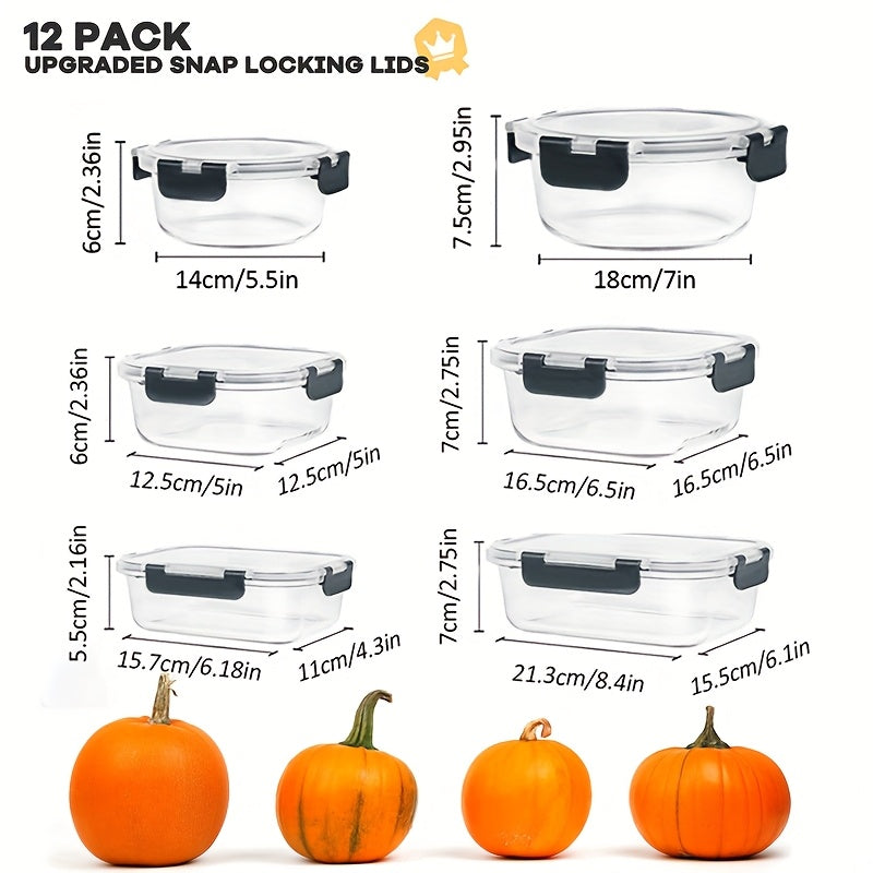 (12 Lids + 12 Containers)Stackable 24pcs Glass Food Container - Multi-purpose Meal Prep And Pantry. With Airtight Lids, Oven, Microwave, Refrigerator And Dishwasher Safe. Durable, Space-saving Design Improves Heating Efficiency And Organization.