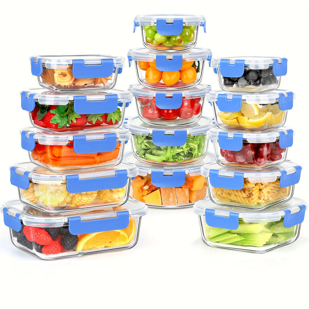 HIHEGD 30 Pieces Glass Food Storage Containers With Snap Locking Lids, Glass Meal Prep Containers Set - Airtight Lunch Containers, Microwave, Oven, Freezer And Dishwasher