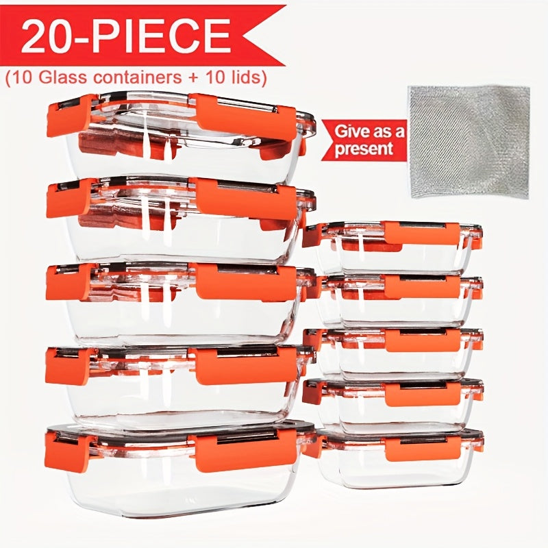 Stackable 20pcs Glass Food Container (10 Lids + 10 Containers) - Multi-purpose Meal Prep And Pantry. With Airtight Lids, Oven, Microwave, Refrigerator And Dishwasher Safe. Durable, Space-saving Design Improves Heating Efficiency And Organization.