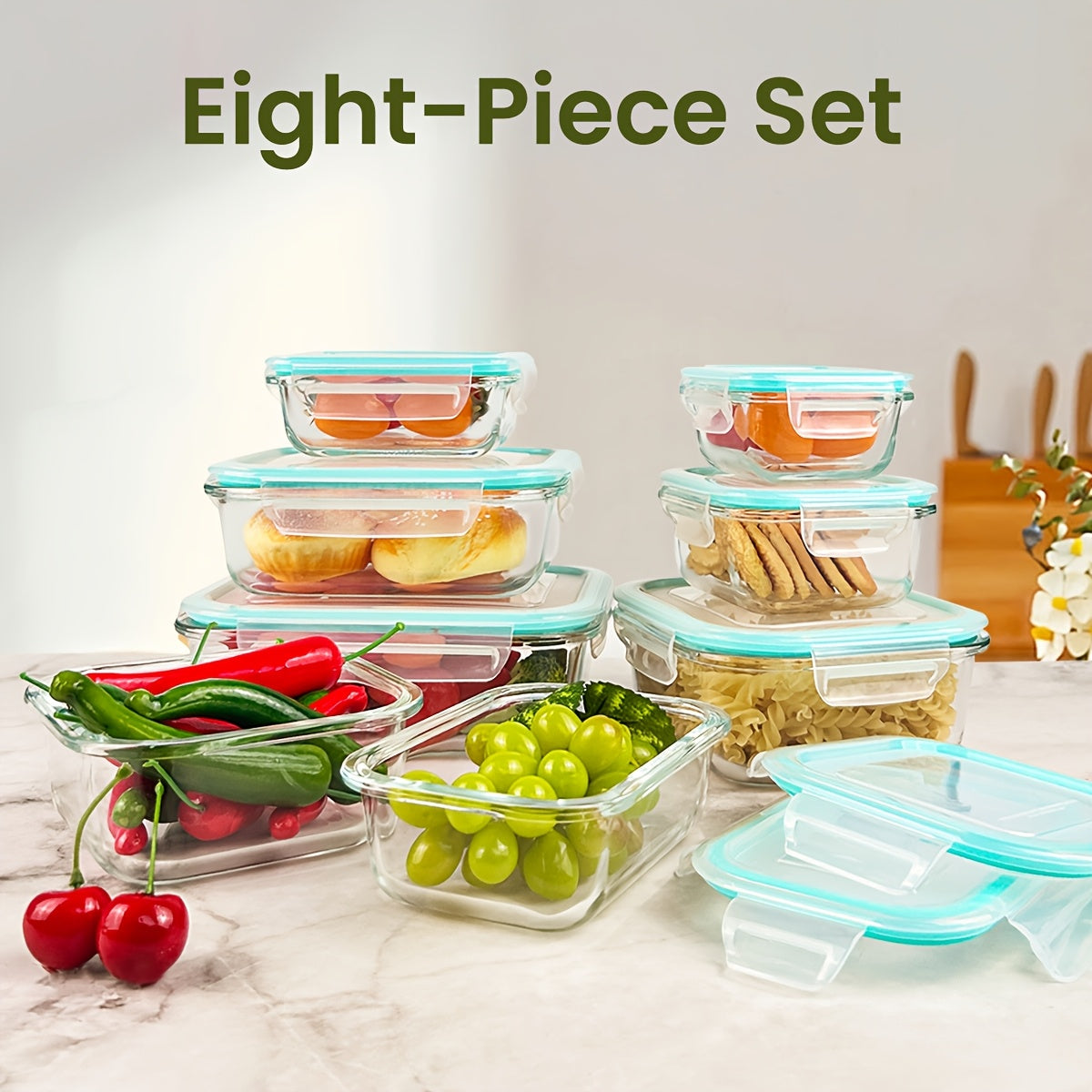 8 Pack Premium Glass Food Storage Containers - Airtight, Leak-Proof, Microwave, Oven, Freezer & Dishwasher Safe - BPA-Free, Stain-Resistant, Easy-Clean Design with Color-Coded Lids for Meal Prep, Bento Boxes & Leftovers, Kitchen Organization, Modern