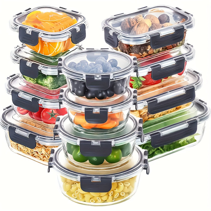 24pcs Glass Crisper Box (12 Glass Bowls + 12 Black Sealed Lids), High Borosilicate Sealed Lid Food Storage Container Glass, Reusable, Suitable for Food Storage In Microwave, Oven, Refrigerator, Dishwasher, Office, School And Camping