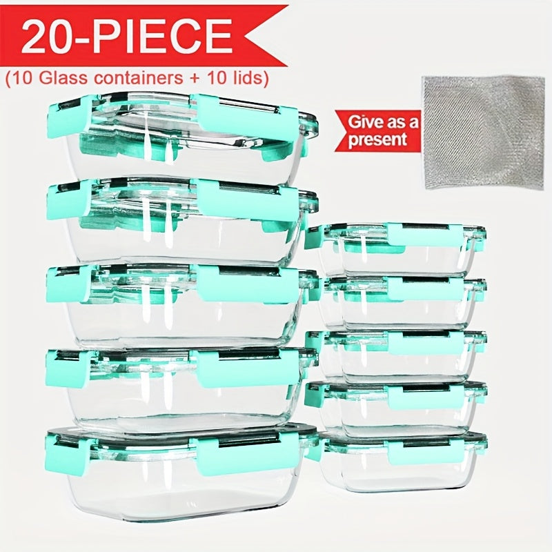 Stackable 20pcs Glass Food Container (10 Lids + 10 Containers) - Multi-purpose Meal Prep And Pantry. With Airtight Lids, Oven, Microwave, Refrigerator And Dishwasher Safe. Durable, Space-saving Design Improves Heating Efficiency And Organization.