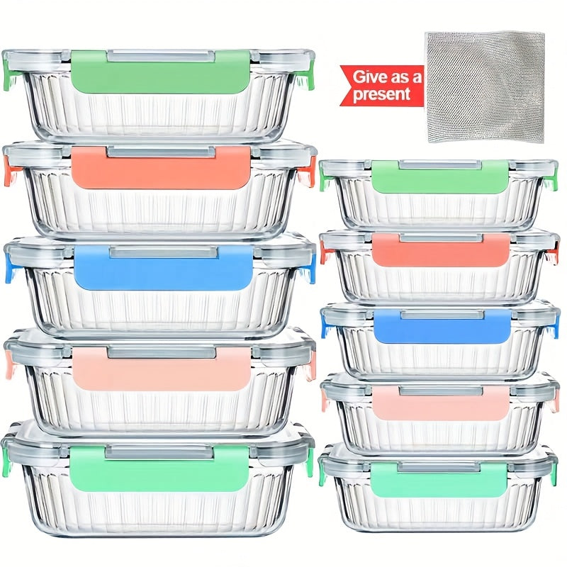 21pcs (10 Glass Bowls + 10 Sealed LIDS +1 Dishcloth) Of High Borosilicate Sealed Lid Food Storage Container Glass, Reusable, Suitable for Food Storage In Microwave Ovens, Ovens, Refrigerators, Dishwashers, Offices, Schools And Camping