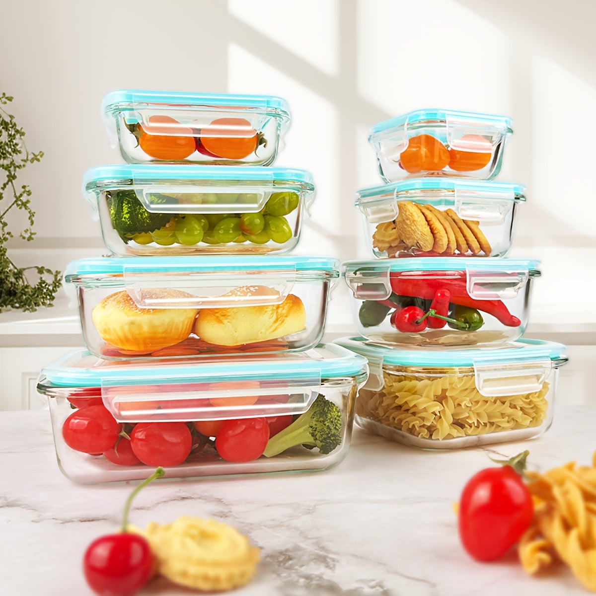 8 Pack Premium Glass Food Storage Containers - Airtight, Leak-Proof, Microwave, Oven, Freezer & Dishwasher Safe - BPA-Free, Stain-Resistant, Easy-Clean Design with Color-Coded Lids for Meal Prep, Bento Boxes & Leftovers, Kitchen Organization, Modern