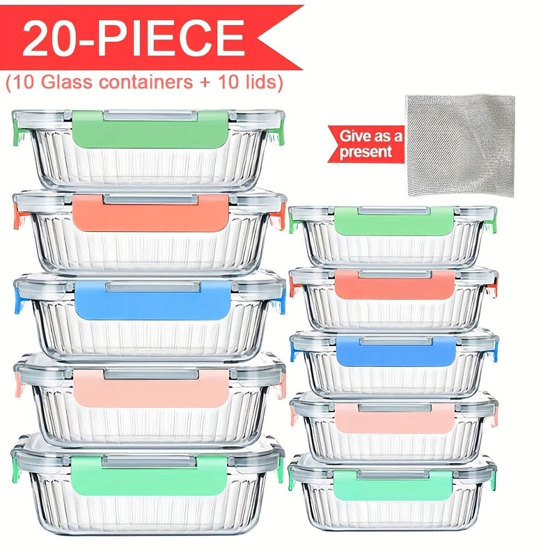 21pcs (10 Glass Bowls + 10 Sealed LIDS +1 Dishcloth) Of High Borosilicate Sealed Lid Food Storage Container Glass, Reusable, Suitable for Food Storage In Microwave Ovens, Ovens, Refrigerators, Dishwashers, Offices, Schools And Camping