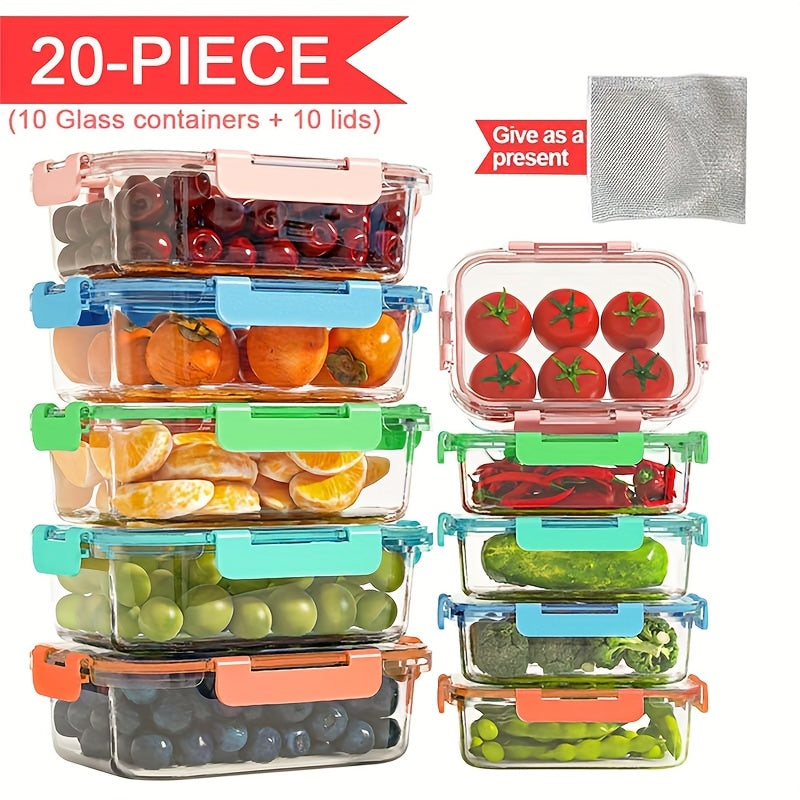 Stackable 20pcs Glass Food Container (10 Lids + 10 Containers) - Multi-purpose Meal Prep And Pantry. With Airtight Lids, Oven, Microwave, Refrigerator And Dishwasher Safe. Durable, Space-saving Design Improves Heating Efficiency And Organization.