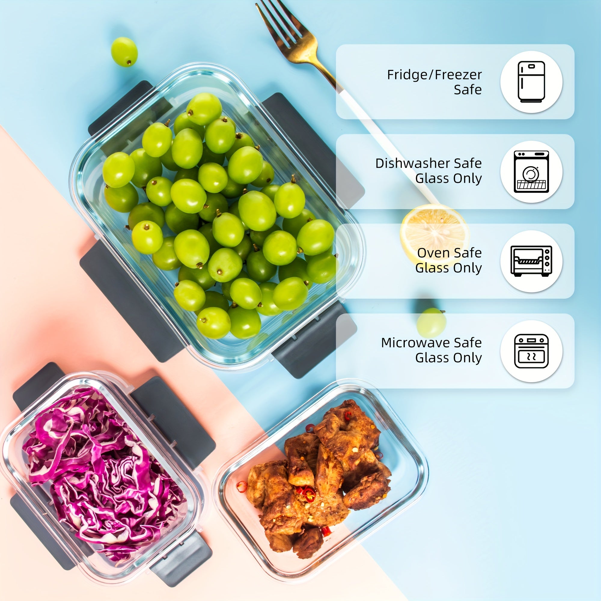 Glass Meal Prep Containers with Steam Vent, Food Storage Containers with Airtight Lids, for Home Kitchen Office Lunch Portion Control