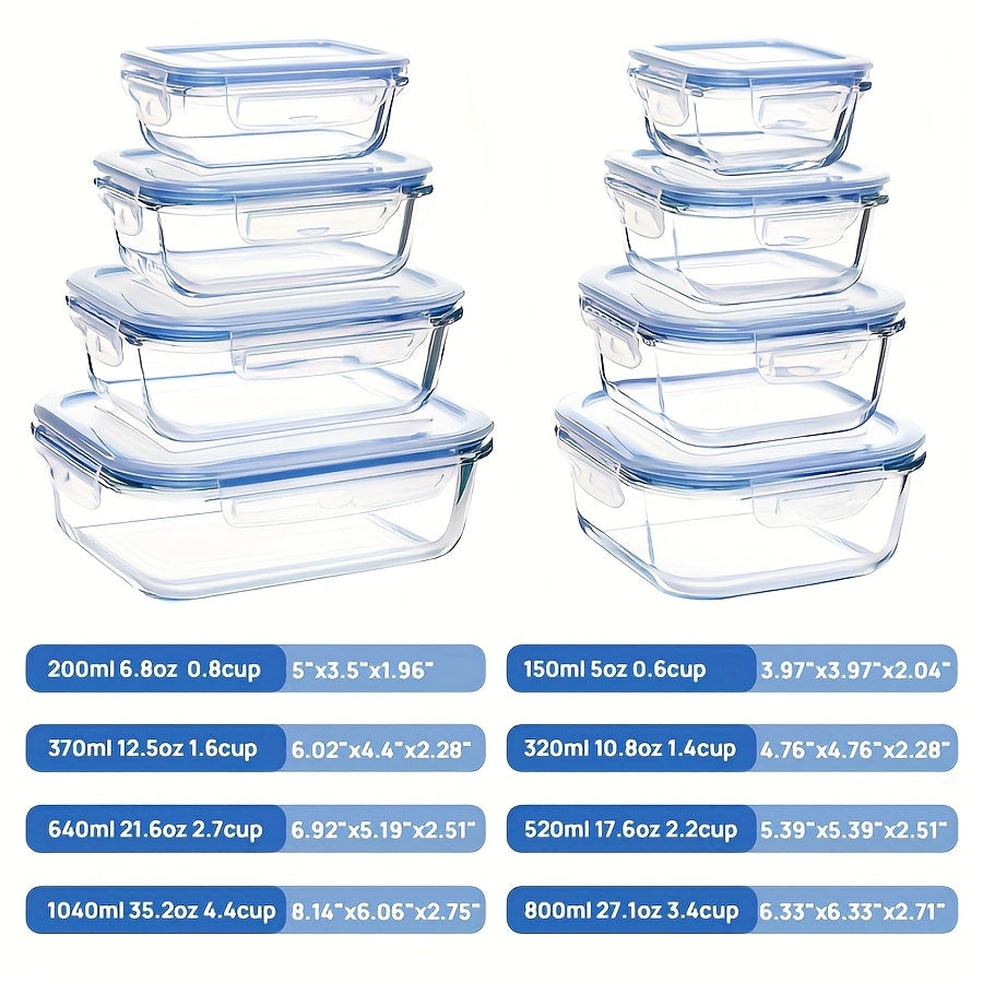 8pcs Glass Food Storage Containers with Leak-Proof Sealing Lids, Bento Boxes, Microwave, Oven, Freezer And Dishwasher Safe