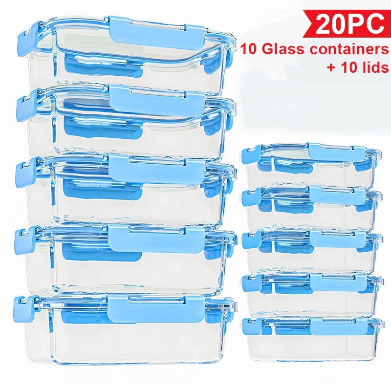 Stackable 20pcs Glass Food Container (10 Lids + 10 Containers) - Multi-purpose Meal Prep And Pantry. With Airtight Lids, Oven, Microwave, Refrigerator And Dishwasher Safe. Durable, Space-saving Design Improves Heating Efficiency And Organization.
