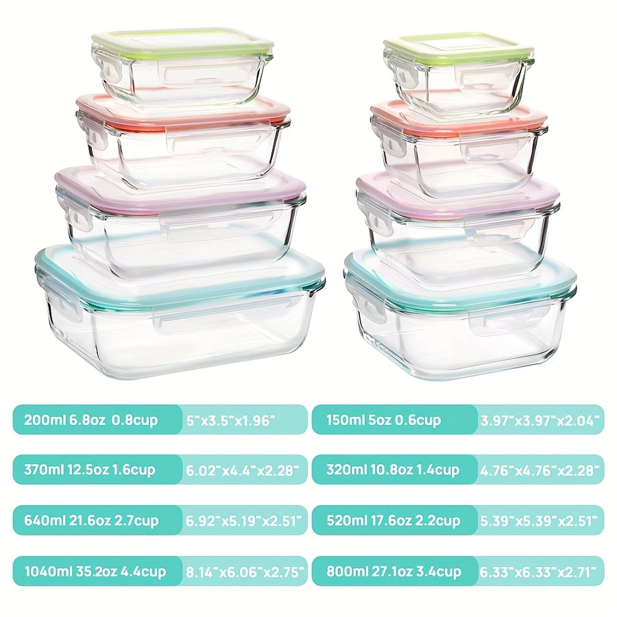 8pcs Set Of Glass Fresh-keeping Box, Food Storage Container, Leak Proof Sealed Lid, Lunch Box, Suitable for Microwave Ovens, Ovens, Refrigerators, And Dishwashers.