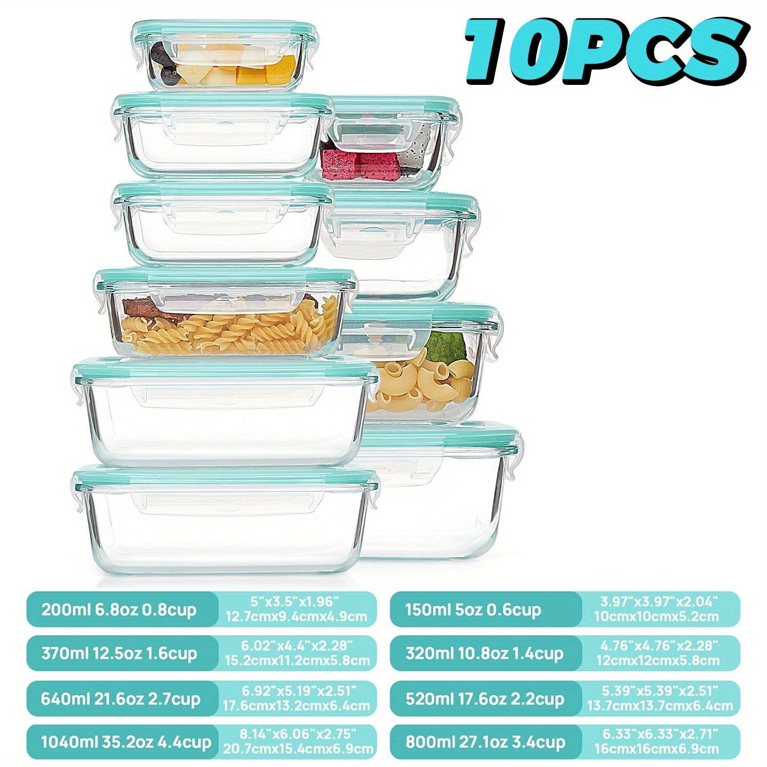 10 Glass Food Storage Containers, Pre-meal Preparation, Sealed Bento Boxes, Leak-proof Lock LIDS, Microwave Ovens, Lunch Boxes, Ovens, Refrigerators And Dishwashers, BPA-free, Containing Five Cleaning Sponges