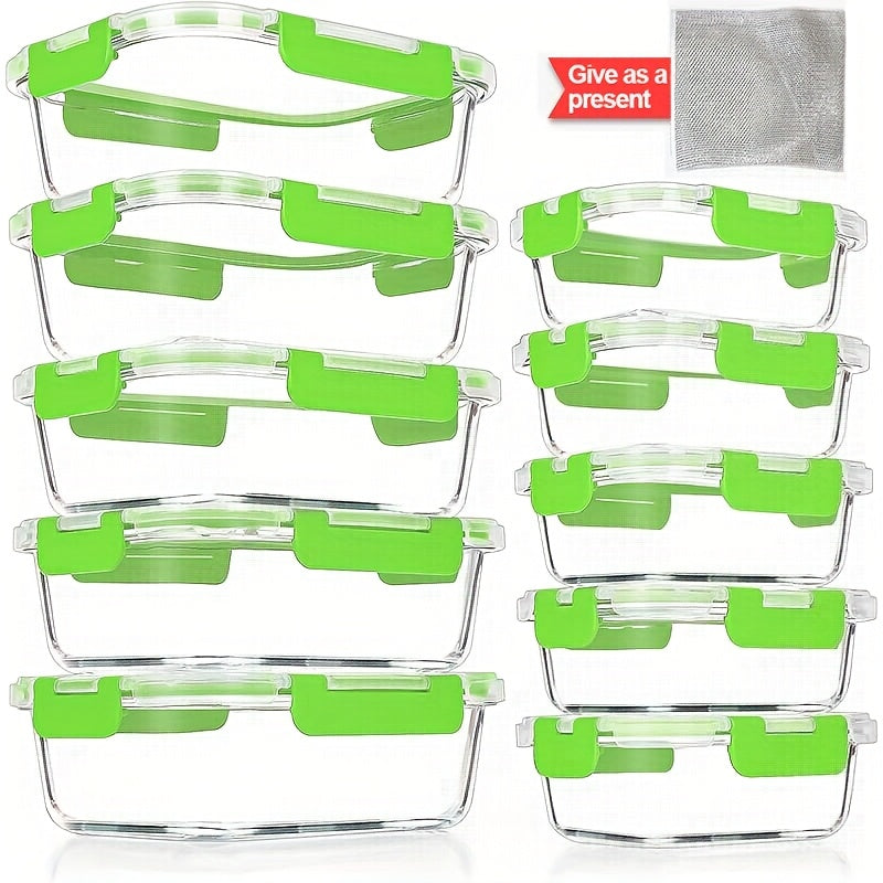 10 Pack Glass Food Storage Containers With Lids, Meal Prep, Pantry Kitchen Storage Containers For Lunch, Leak Proof, Airtight Glass Lunch Bento Boxes For Microwave, Oven, Freezer And Dishwasher