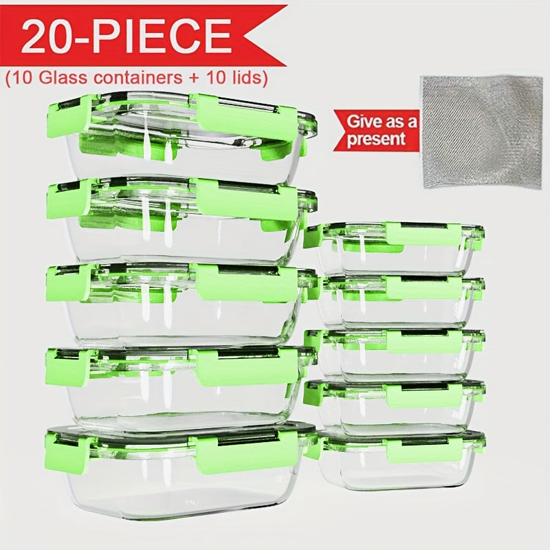 Stackable 20pcs Glass Food Container (10 Lids + 10 Containers) - Multi-purpose Meal Prep And Pantry. With Airtight Lids, Oven, Microwave, Refrigerator And Dishwasher Safe. Durable, Space-saving Design Improves Heating Efficiency And Organization.