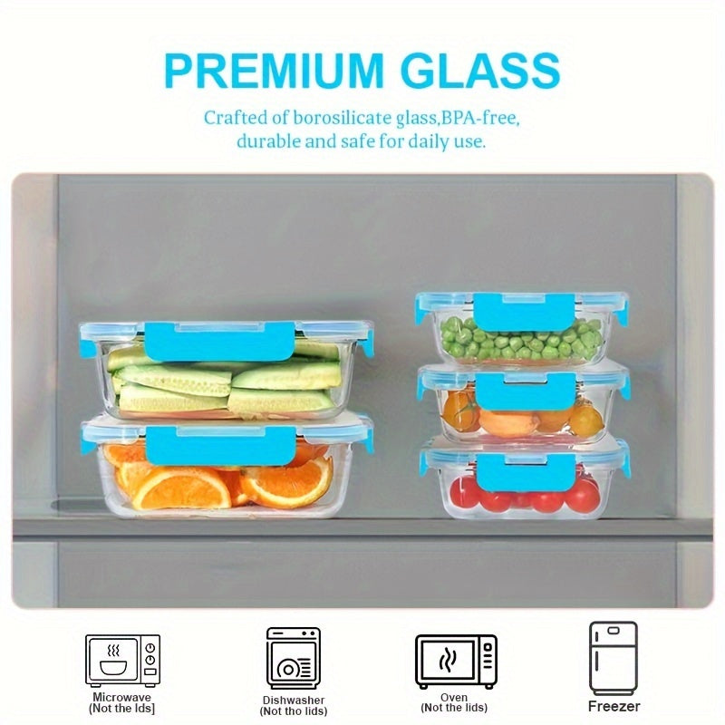 20pcs Large-Capacity Glass Food Storage Container Set with Blue Lids - Reusable, Microwave & Freezer Safe, Square Containers for Meal Prep, Refrigerator Organization, and More