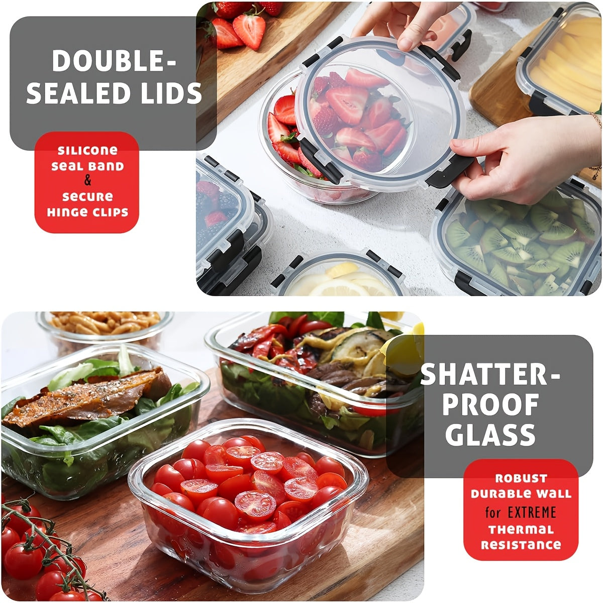 Glass Crisper Set with Lid, Glass Food Container, Thickened Lead-Free Glass, Suitable for Lunch, Meal Preparation, Refrigerator, Freezer, Bento Container, Sealed Snap Lid, Bisphenol A Free