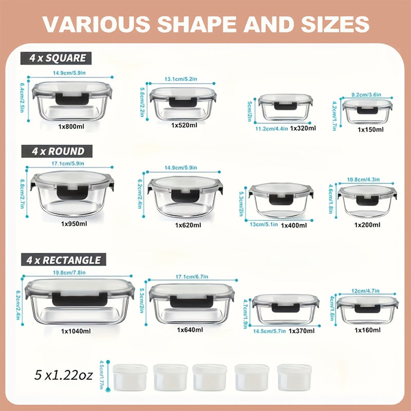 12pcs Airtight Glass Food Storage Containers with Lids Set - BPA-Free Leak-Proof Meal Prep Containers, Microwave, Oven, Freezer & Dishwasher Safe, 15 Containers + 15 Lids, Clear Glass for Visibility, Perfect for Lunch Prep, Fruits, Veggies, Leftovers -