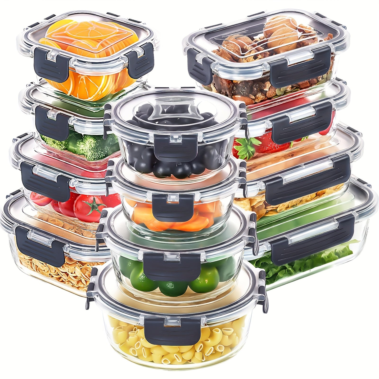 12pcs Glass Food Storage Container with Lid, Meal Preparation, Kitchen Storage Container, Lunch Bento Box, Leak-proof, Airtight Glass Bento Box for Microwave, Oven, Refrigerator and Dishwasher