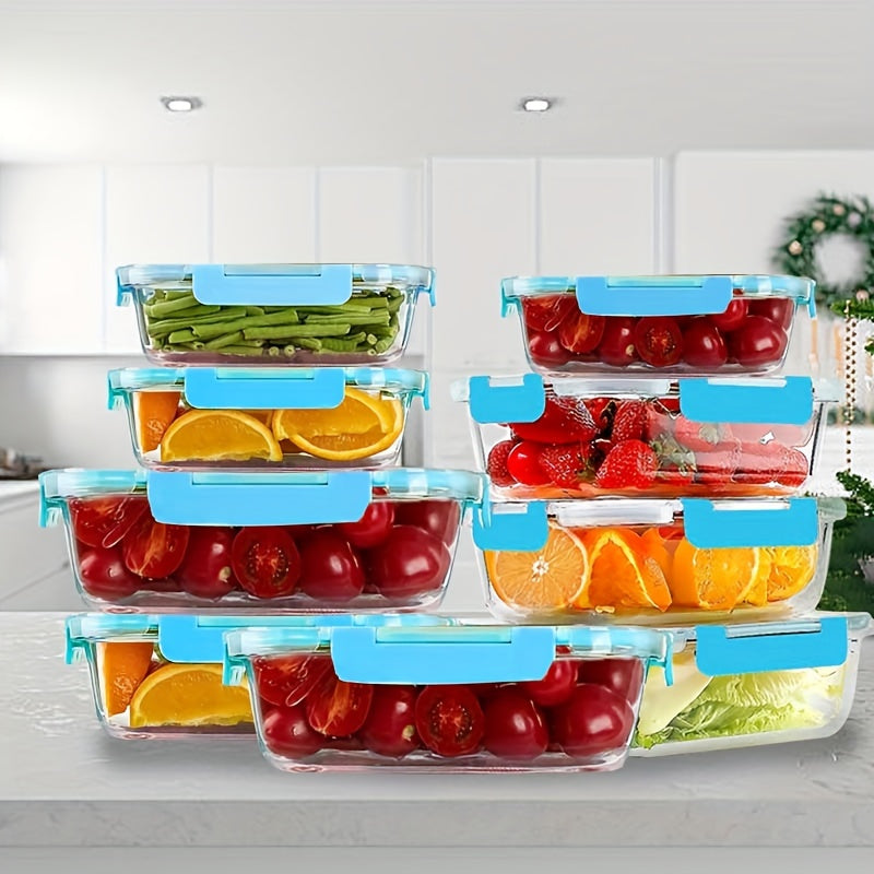 20pcs Large-Capacity Glass Food Storage Container Set with Blue Lids - Reusable, Microwave & Freezer Safe, Square Containers for Meal Prep, Refrigerator Organization, and More