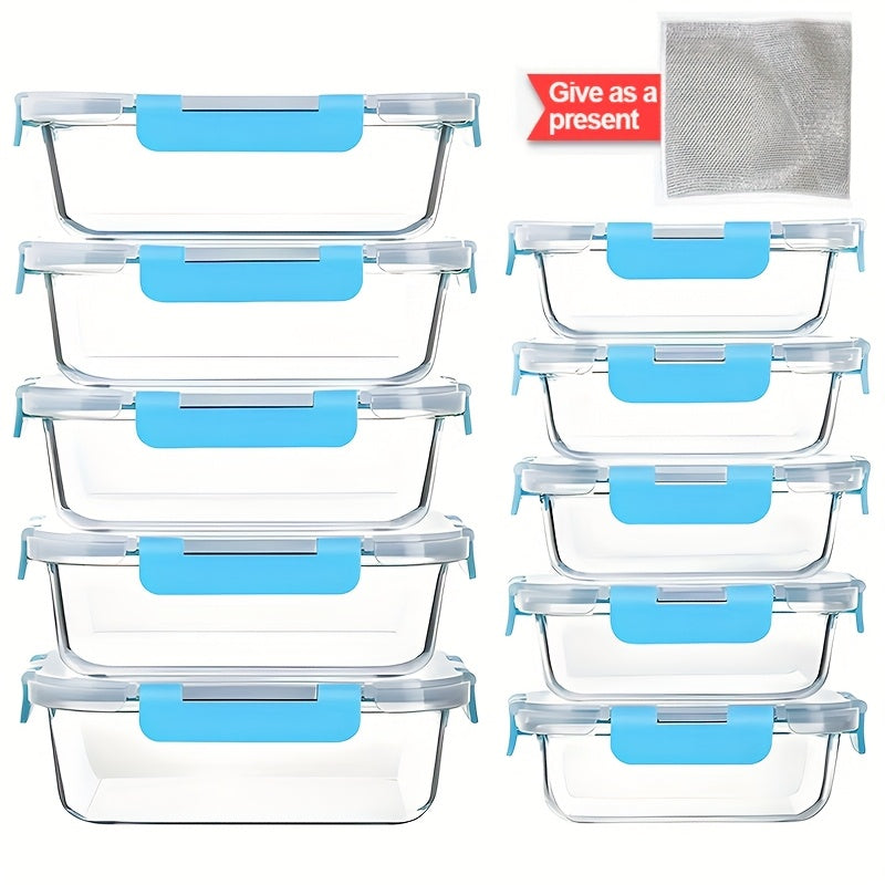20pcs Large-Capacity Glass Food Storage Container Set with Blue Lids - Reusable, Microwave & Freezer Safe, Square Containers for Meal Prep, Refrigerator Organization, and More