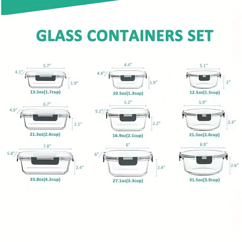 18 glass food storage containers, sealed glass lunch containers, stackable glass food storage container set, with lid, suitable for microwave ovens