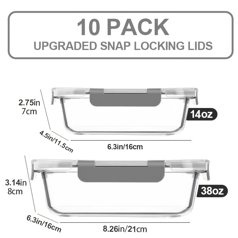 10 Pack Glass Food Storage Containers With Lids, Meal Prep, Pantry Kitchen Storage Containers For Lunch, Leak Proof, Airtight Glass Lunch Bento Boxes For Microwave, Oven, Freezer And Dishwasher