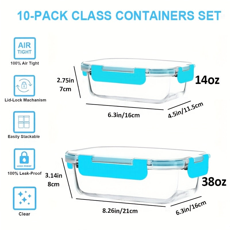 20pcs (10 LIDS + 10 Glass Bowls) Glass Food Storage Container With Sealed Lid, Kitchen Storage Lunch, Leak-proof, Airtight, Suitable For Microwave, Oven, Refrigerator And Dishwasher, Perfect Valentine'S Day Gift For Best Friends