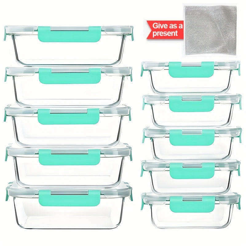 20pcs Large-Capacity Glass Food Storage Container Set with Blue Lids - Reusable, Microwave & Freezer Safe, Square Containers for Meal Prep, Refrigerator Organization, and More