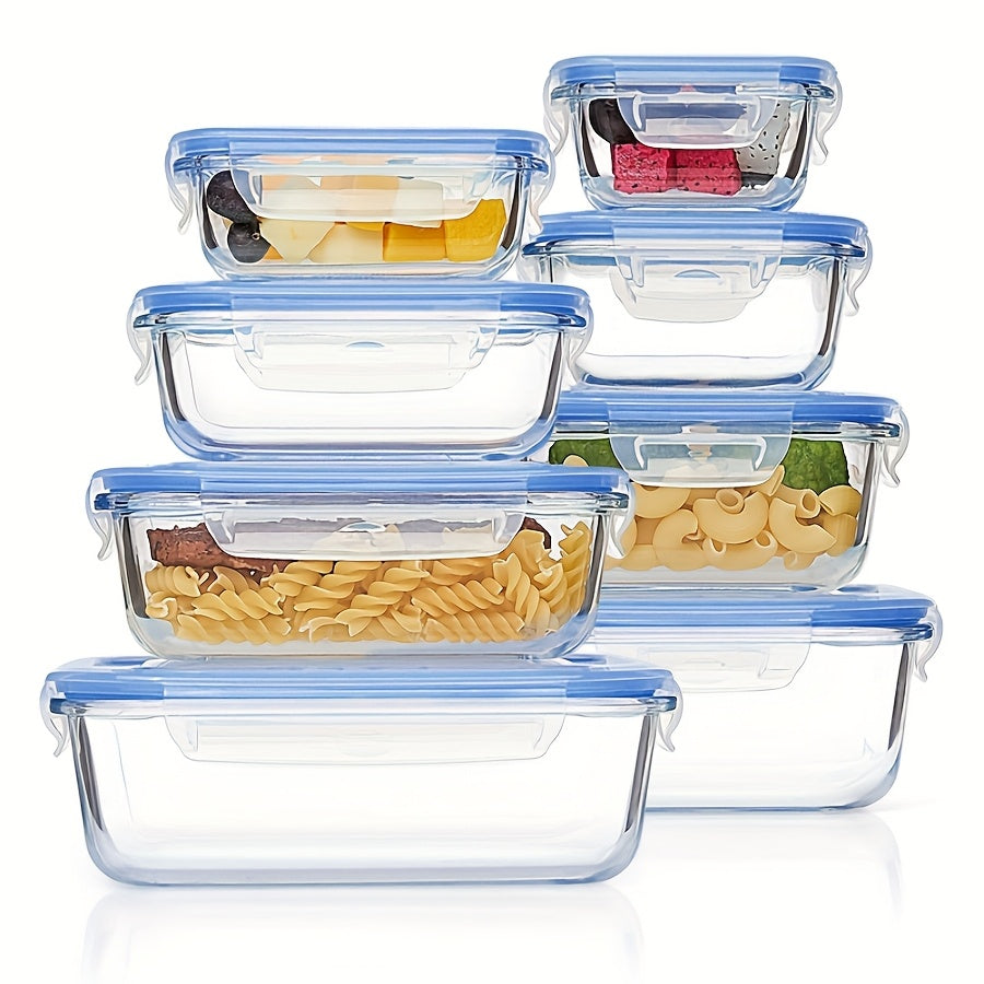 8pcs Set Of Glass Fresh-keeping Box, Food Storage Container, Leak Proof Sealed Lid, Lunch Box, Suitable for Microwave Ovens, Ovens, Refrigerators, And Dishwashers.