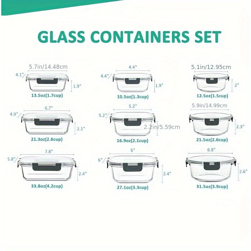 18 glass food storage containers, sealed glass lunch containers, stackable glass food storage container set, with lid, suitable for microwave ovens