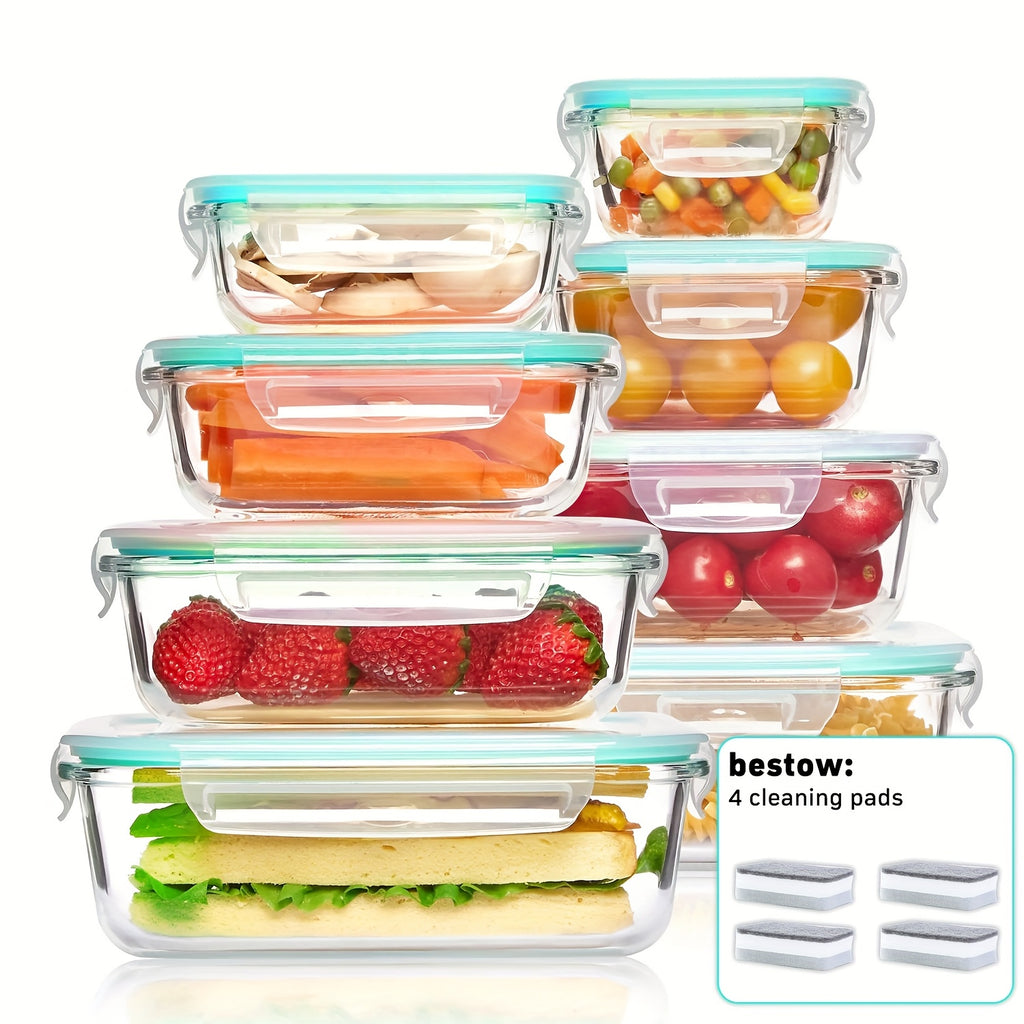 4/8/10pcs Glass Food Storage Container, Meal Preparation, Sealed Bento Box with Leak-proof Lock Lid, Microwave, Lunch Box, Oven, Refrigerator And Dishwasher, BPA-free, Contains Two Cleaning Sponges