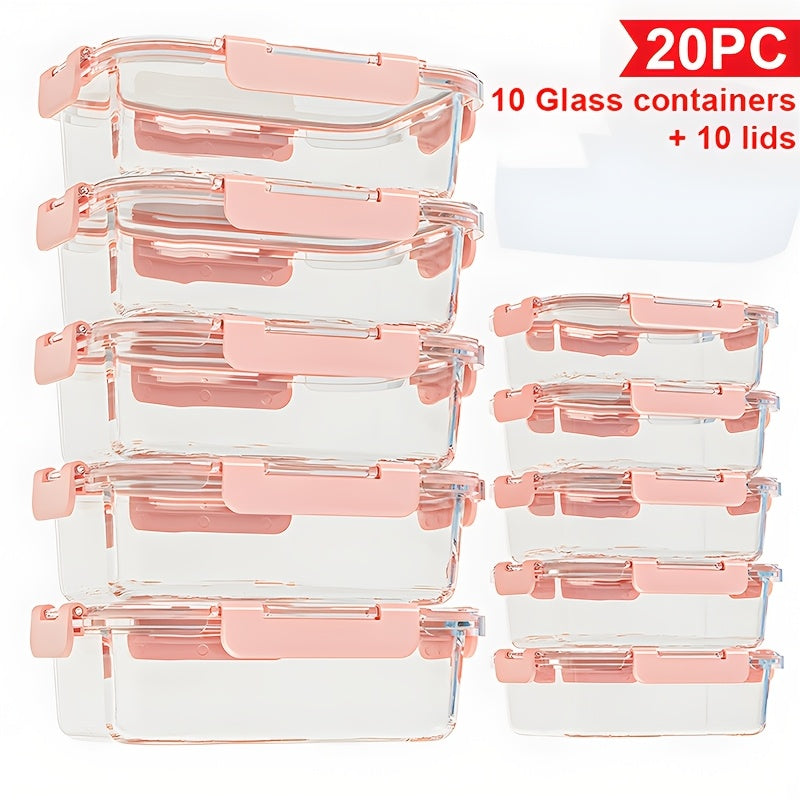 Stackable 20pcs Glass Food Container (10 Lids + 10 Containers) - Multi-purpose Meal Prep And Pantry. With Airtight Lids, Oven, Microwave, Refrigerator And Dishwasher Safe. Durable, Space-saving Design Improves Heating Efficiency And Organization.