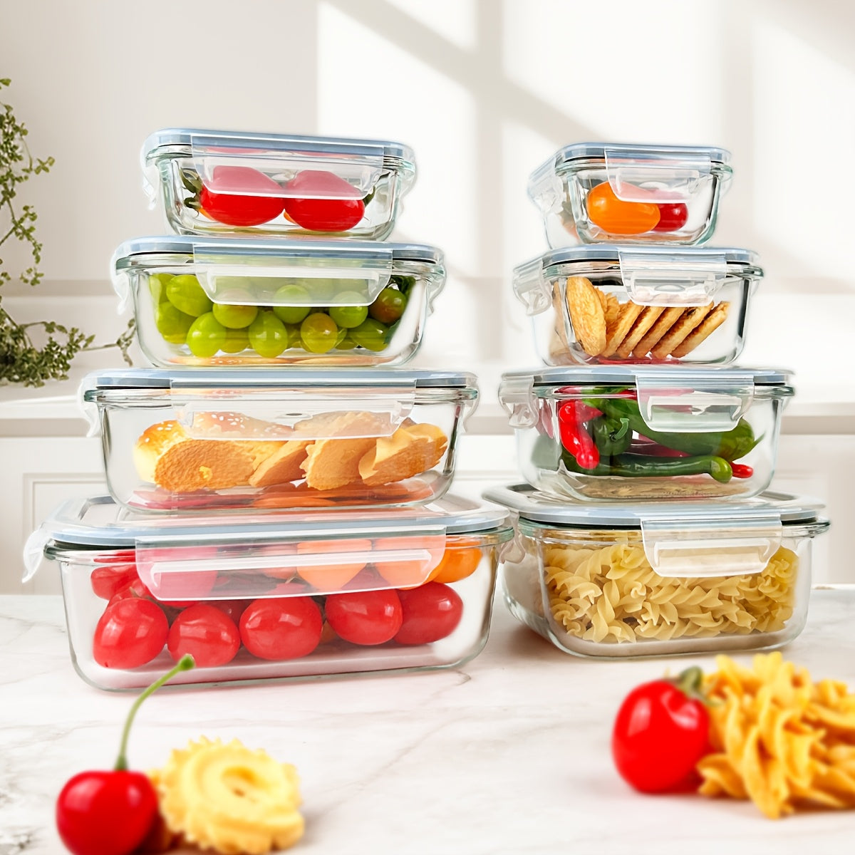 8 Pack Premium Glass Food Storage Containers - Airtight, Leak-Proof, Microwave, Oven, Freezer & Dishwasher Safe - BPA-Free, Stain-Resistant, Easy-Clean Design with Color-Coded Lids for Meal Prep, Bento Boxes & Leftovers, Kitchen Organization, Modern