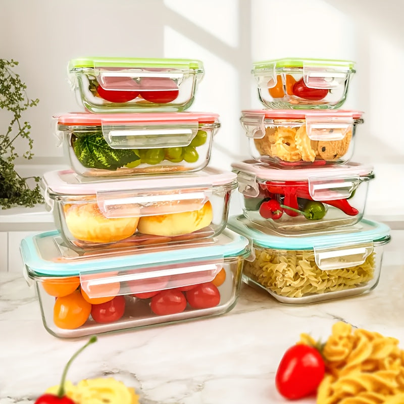 8pcs Set Of Glass Fresh-keeping Box, Food Storage Container, Leak Proof Sealed Lid, Lunch Box, Suitable for Microwave Ovens, Ovens, Refrigerators, And Dishwashers.