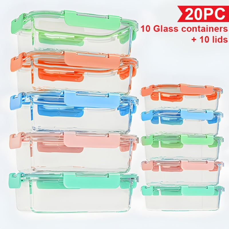 Stackable 20pcs Glass Food Container (10 Lids + 10 Containers) - Multi-purpose Meal Prep And Pantry. With Airtight Lids, Oven, Microwave, Refrigerator And Dishwasher Safe. Durable, Space-saving Design Improves Heating Efficiency And Organization.