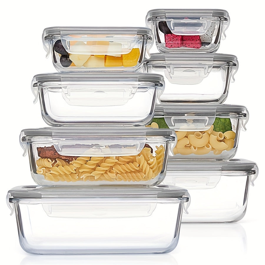8pcs Set Of Glass Fresh-keeping Box, Food Storage Container, Leak Proof Sealed Lid, Lunch Box, Suitable for Microwave Ovens, Ovens, Refrigerators, And Dishwashers.