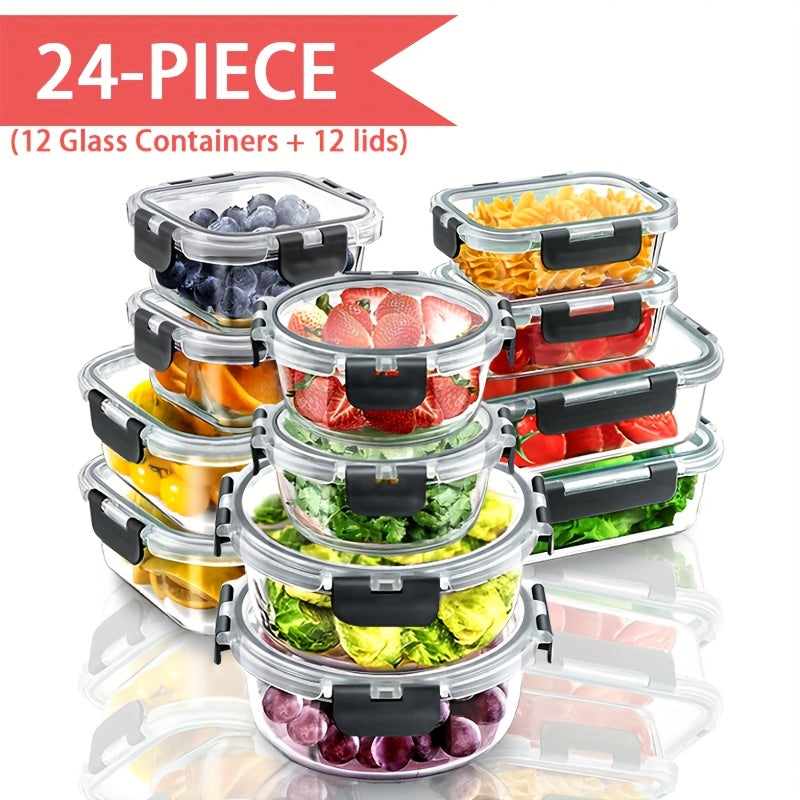 (12 Lids + 12 Containers)Stackable 24pcs Glass Food Container - Multi-purpose Meal Prep And Pantry. With Airtight Lids, Oven, Microwave, Refrigerator And Dishwasher Safe. Durable, Space-saving Design Improves Heating Efficiency And Organization.