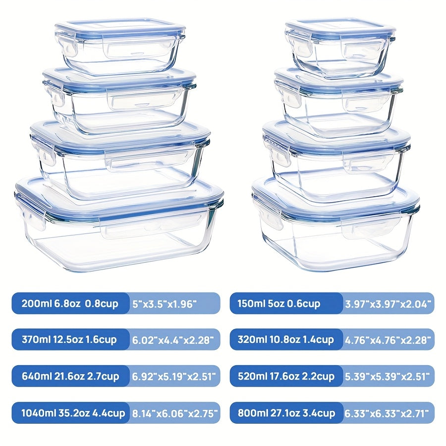 8pcs Glass Food Storage Containers with Leak-Proof Sealing Lids, Bento Boxes, Microwave, Oven, Freezer And Dishwasher Safe