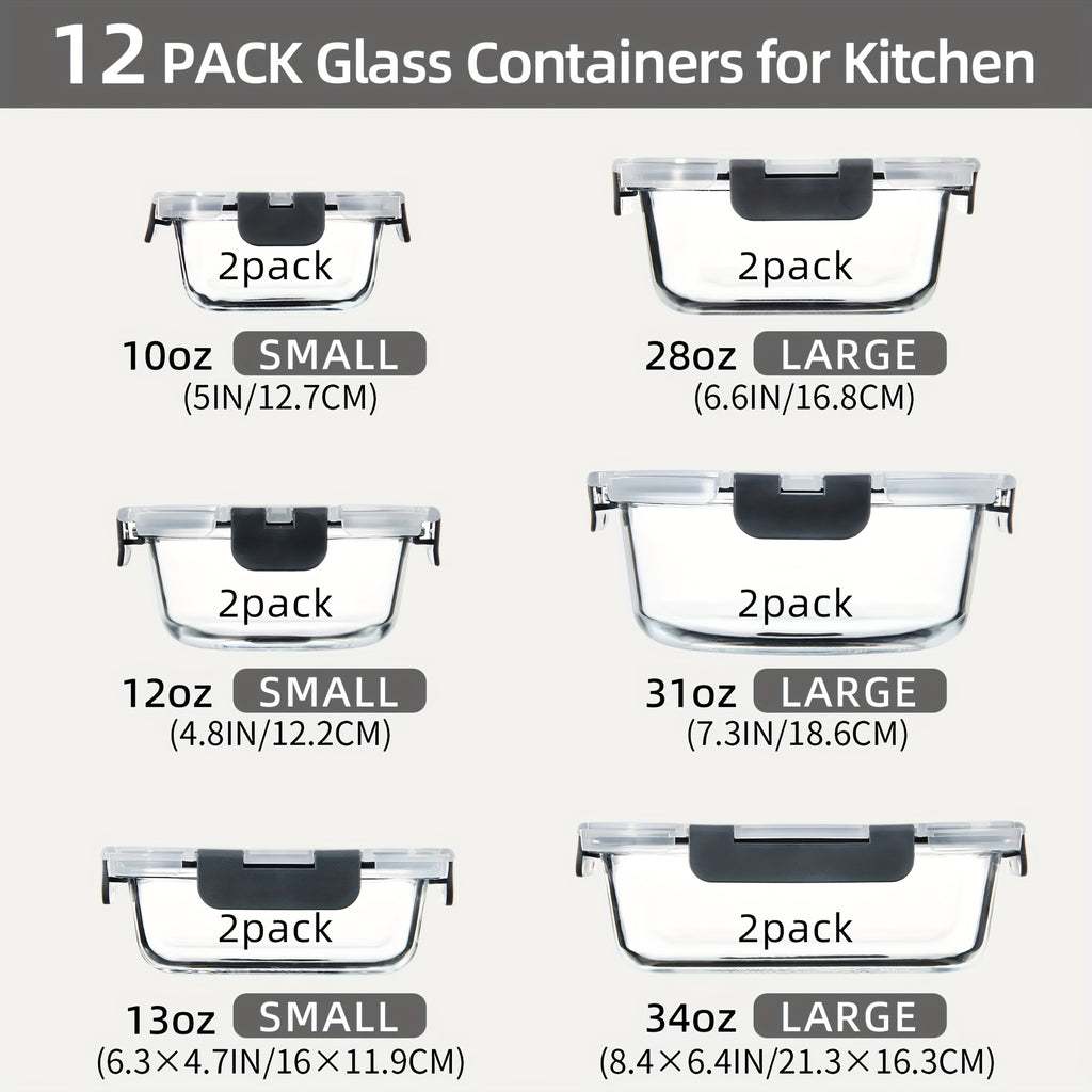 24 Pieces (12 Containers +12 Lids) High Borosilicate Sealed Lid Food Storage Container Glass, Reusable, Suitable For Food Storage In Microwave Ovens, Ovens, Refrigerators, Dishwashers, Offices, Schools, And Camping