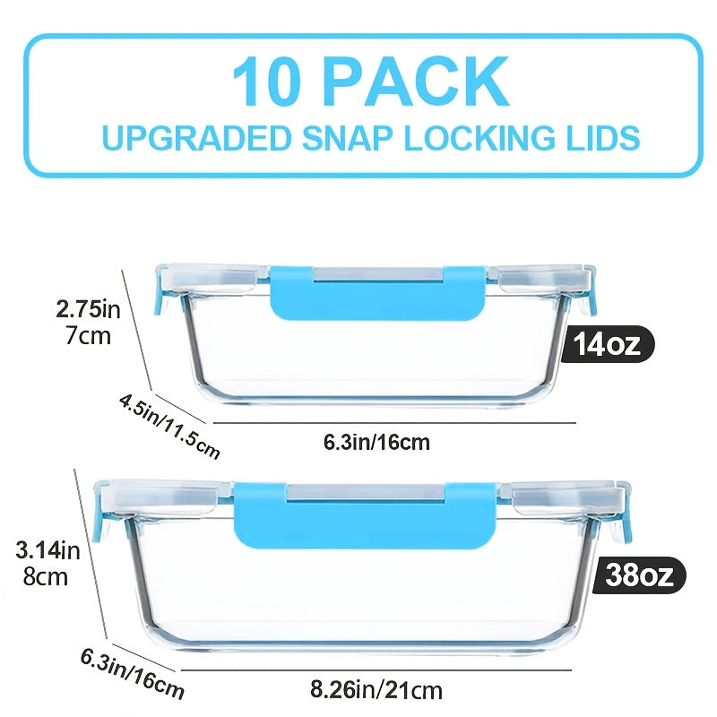 20pcs Large-Capacity Glass Food Storage Container Set with Blue Lids - Reusable, Microwave & Freezer Safe, Square Containers for Meal Prep, Refrigerator Organization, and More