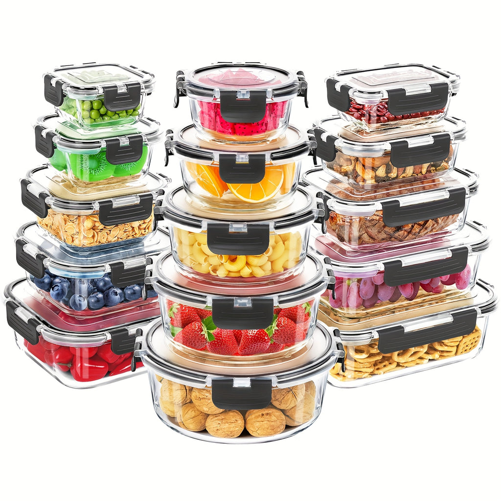Glass Food Storage Containers - 15pcs, Meal Prep Containers in Glass, Lunch Bento Boxes with Leak-proof Lids for Microwave, Freezer & Dishwasher, BPA Free - Gray