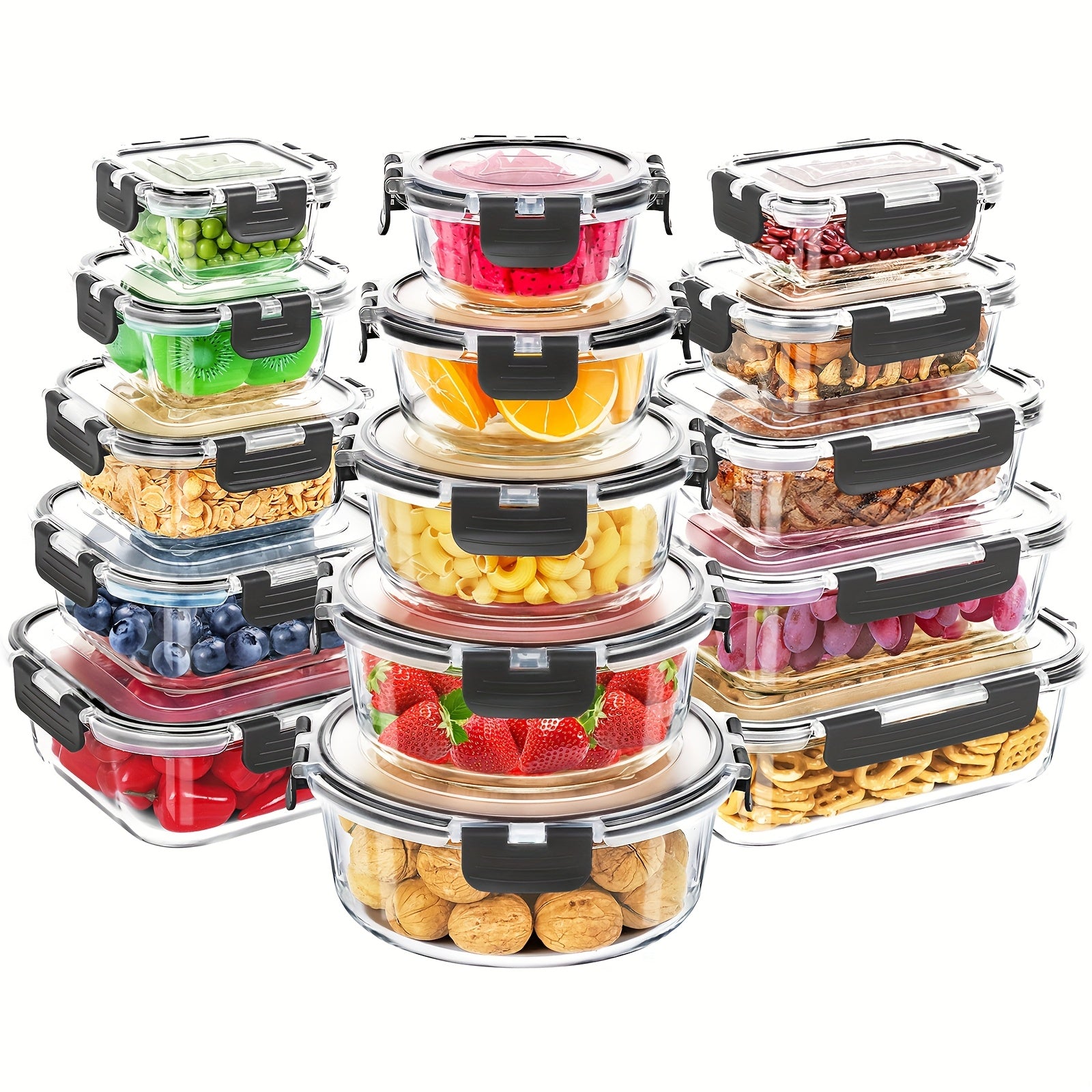 Glass Food Storage Containers - 15pcs, Meal Prep Containers in Glass, Lunch Bento Boxes with Leak-proof Lids for Microwave, Freezer & Dishwasher, BPA Free - Gray