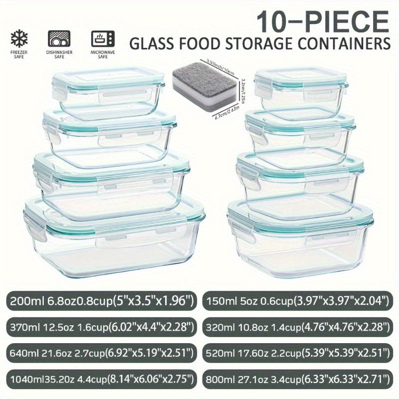 Back-To-School Essentials: 8 Glass Food Storage Containers, Meal Prep, Sealed Lunch Boxes, Leak-Proof Lids, Microwave, Oven, Refrigerator, And Dishwasher Safe, Bpa-Free, Comes with 4 Cleaning Sponges, Perfect for Christmas And Halloween Gatherings